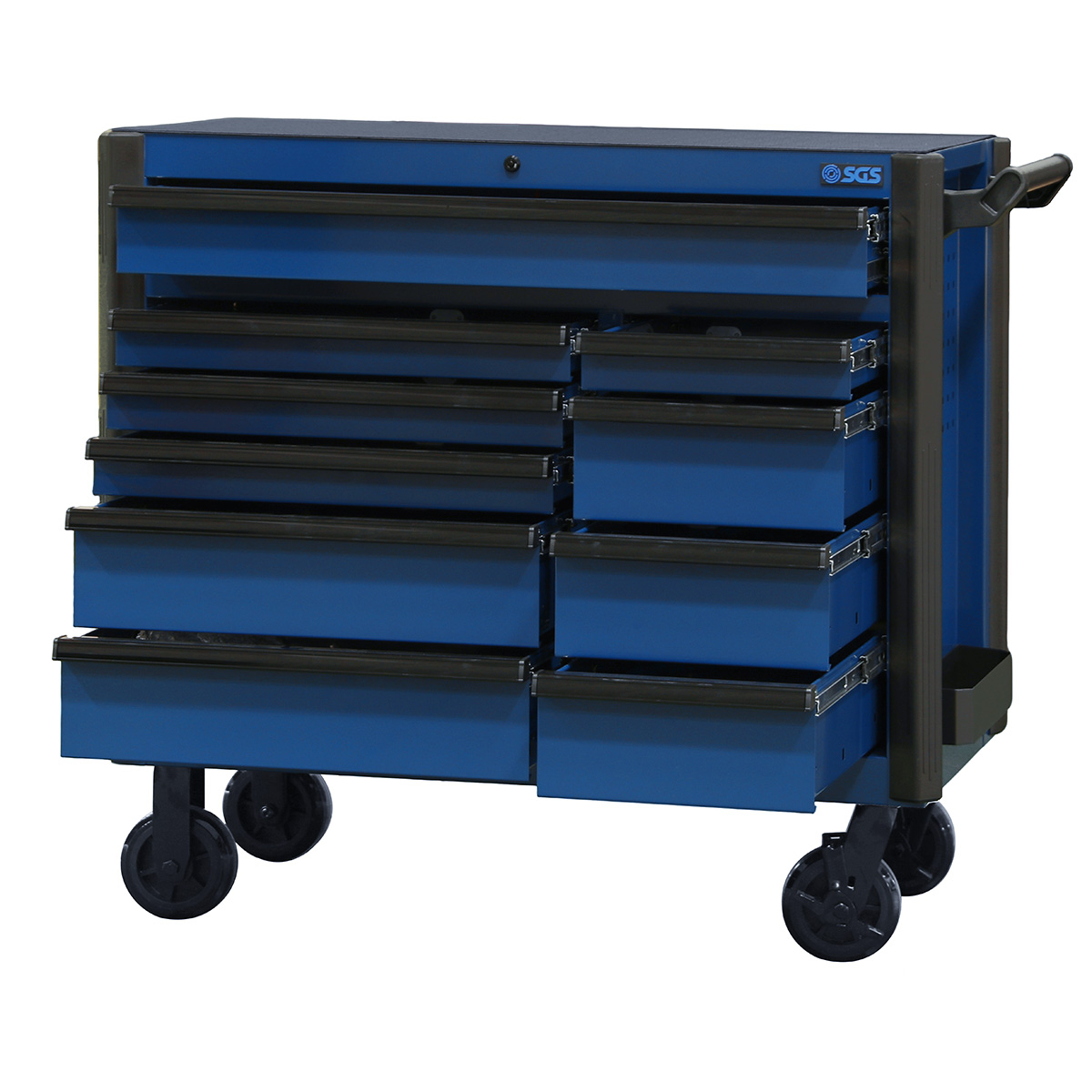 SGS 44in Roller Cabinet with Top Hutch and Side Cabinet- 10 Drawers- Blue